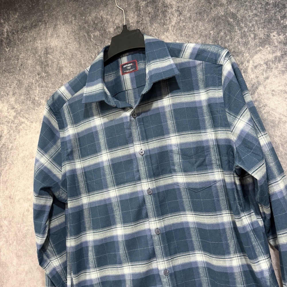 UNTUCKit Mens Barker Slim Fit Flannel Plaid Button Up Shirt Blue L 42220
